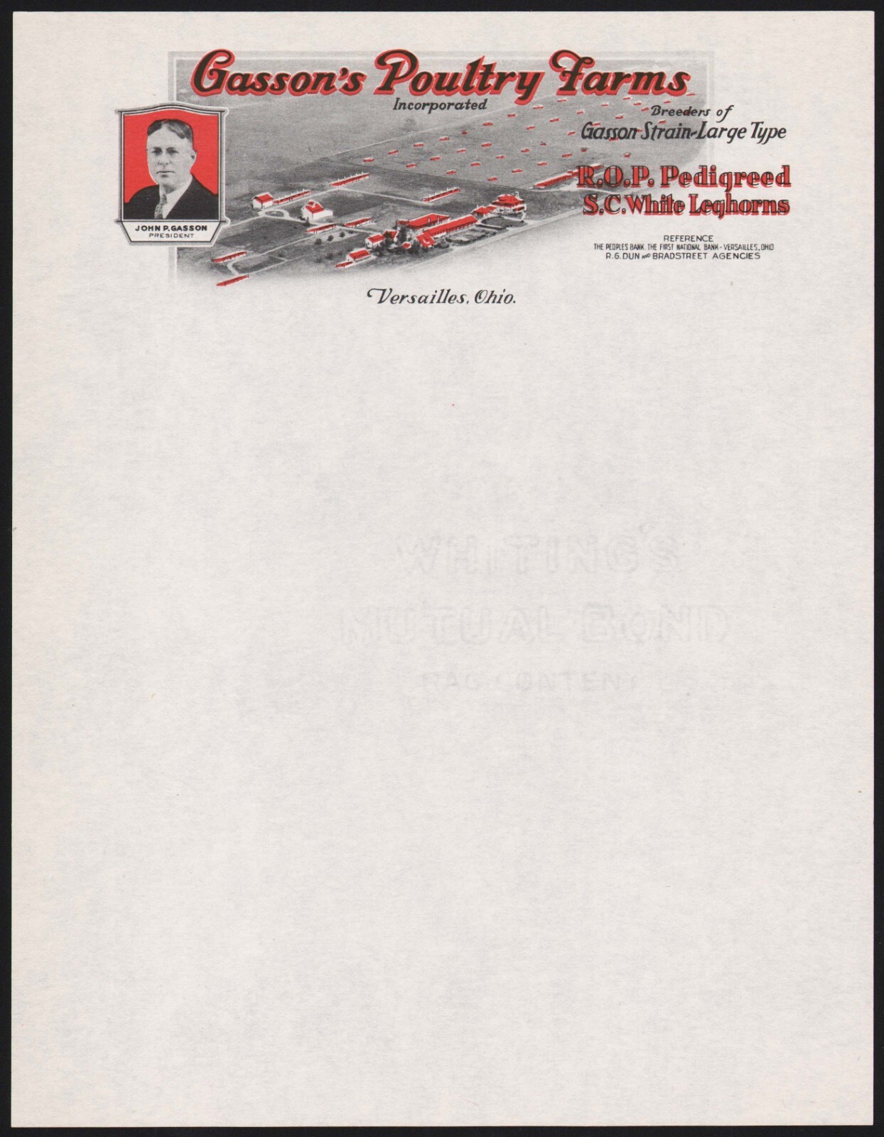 Vintage letterhead GASSONS POULTRY FARMS Leghorns farm pic Versailles Ohio nrmt+