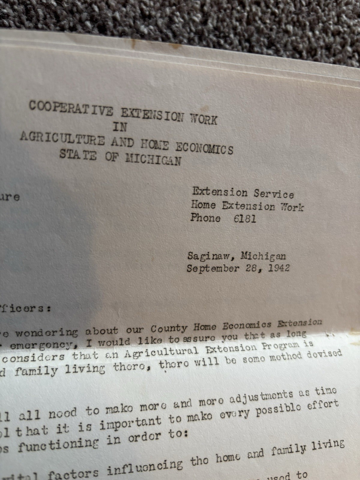 1942 Letter Cooperative Extension Work In Agriculture & Home Economics MI State