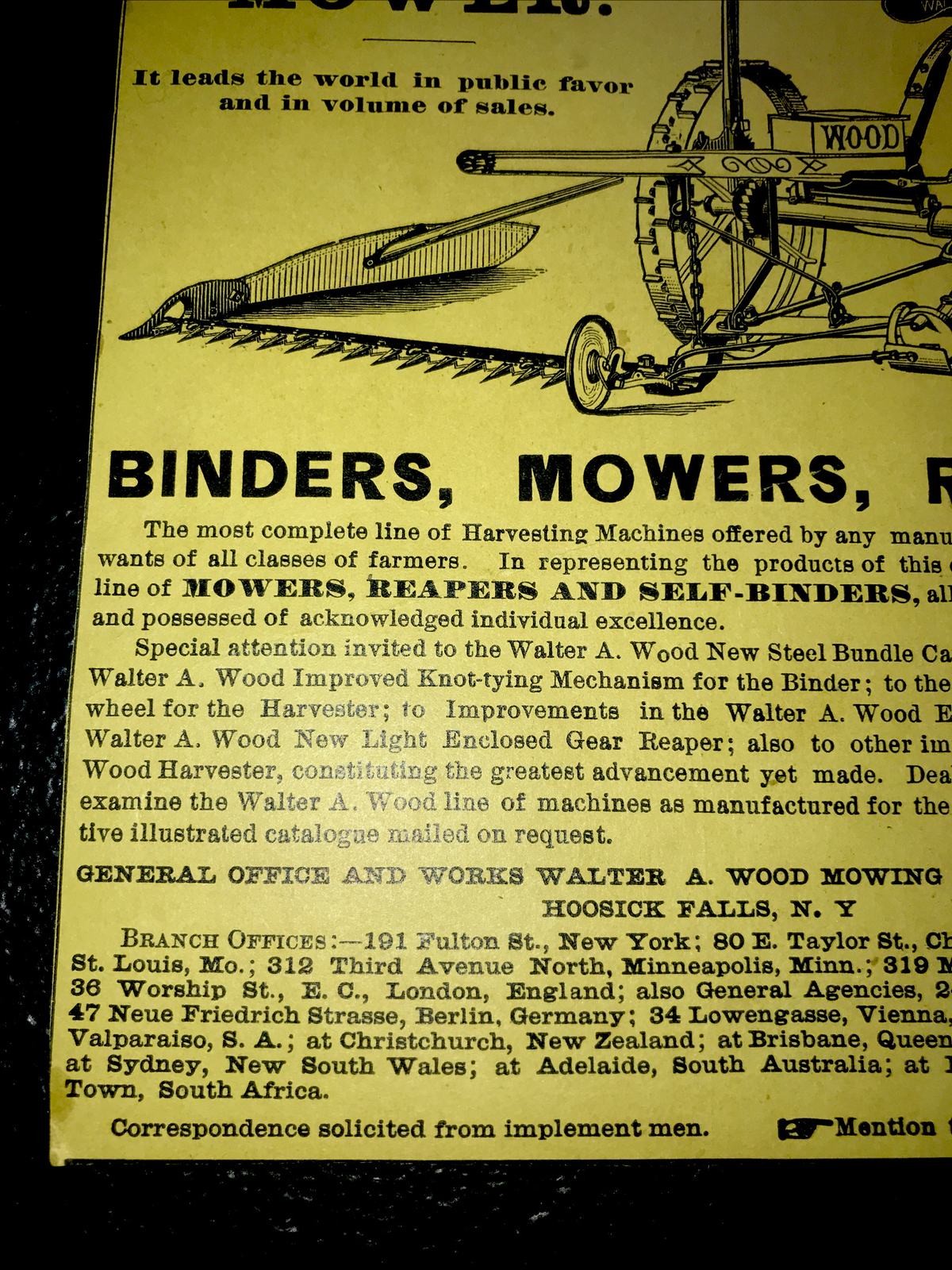 1886 Wood Machine Implements Farm Advertising – Hoosick Falls – New York