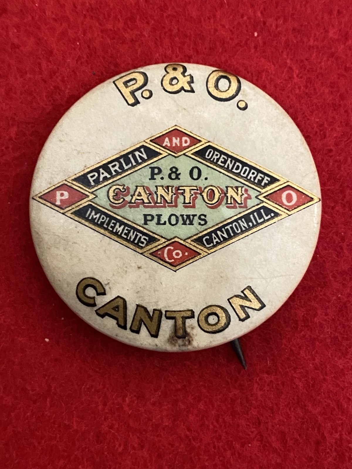 1890’s Parin & Orendorff Plows P & O Implements Canton IL Celluloid Pinback
