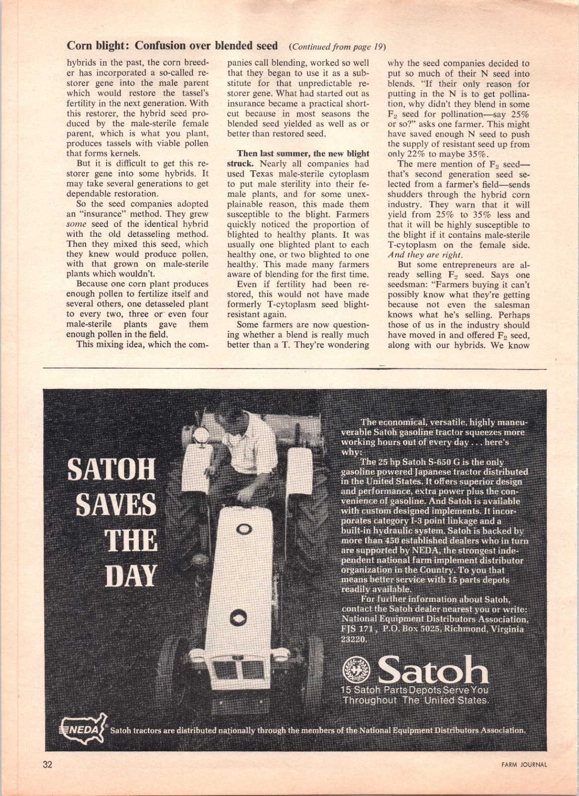 1971 Satoh S-650 Gasoline Japanese Tractor 70&rsquo;s Vintage Print Ad