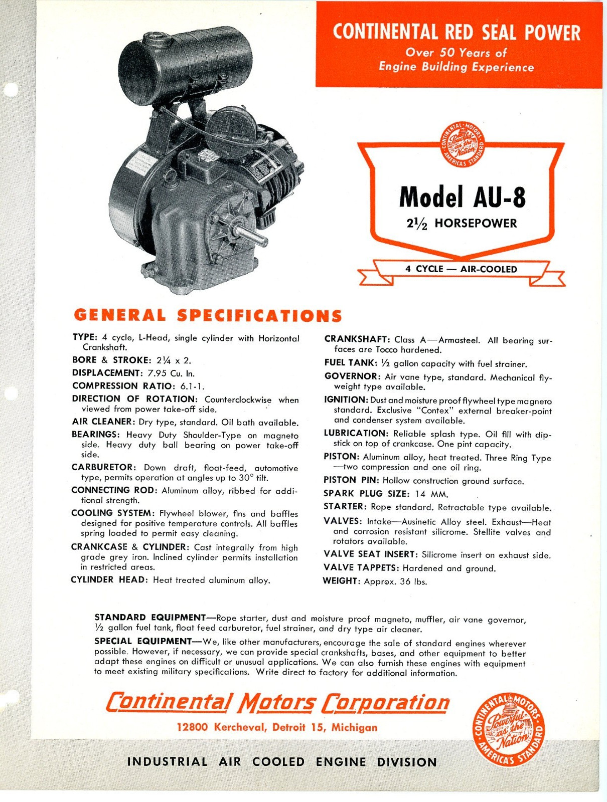 Continental Red Seal Air Cooled 2&1/2 HP Engine model AU-8 1954 sales brochure