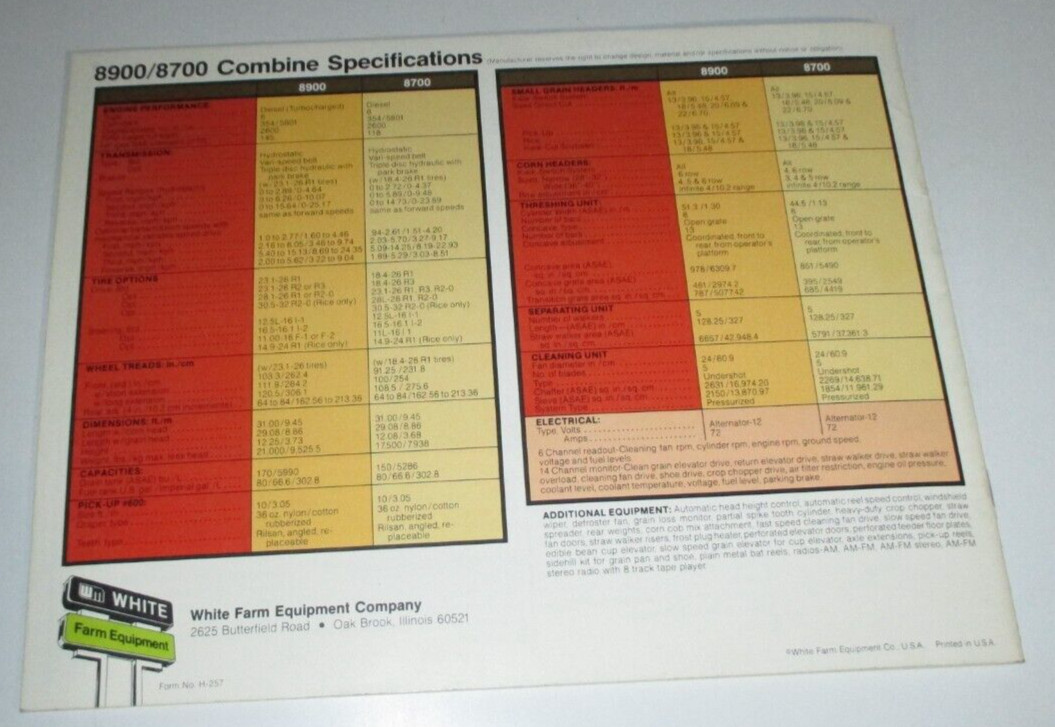 White 8700 & 8900 Combine Sales Brochure Literature Advertising H-257