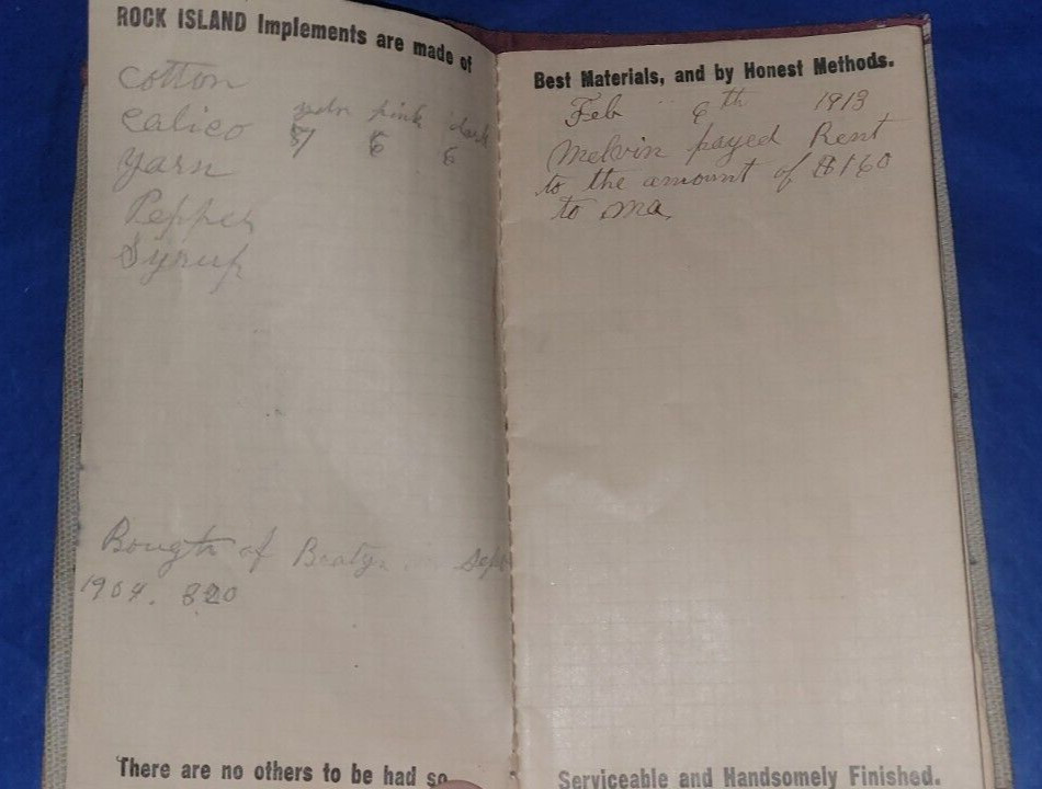 ROCK ISLAND PLOW Co 1912 Adv Notebook Implement A.D & F.S. MILLS CENTRAL CITY IA