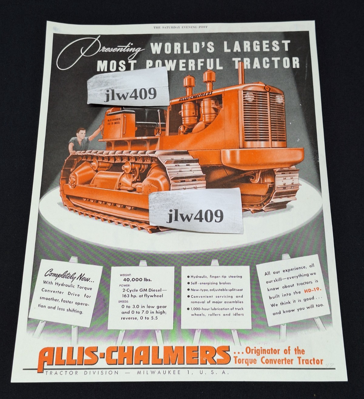 1947 ALLIS CHALMERS HD-19 TRACTOR Original Print Ad Magazine Ad 10&Prime;X13&Prime;