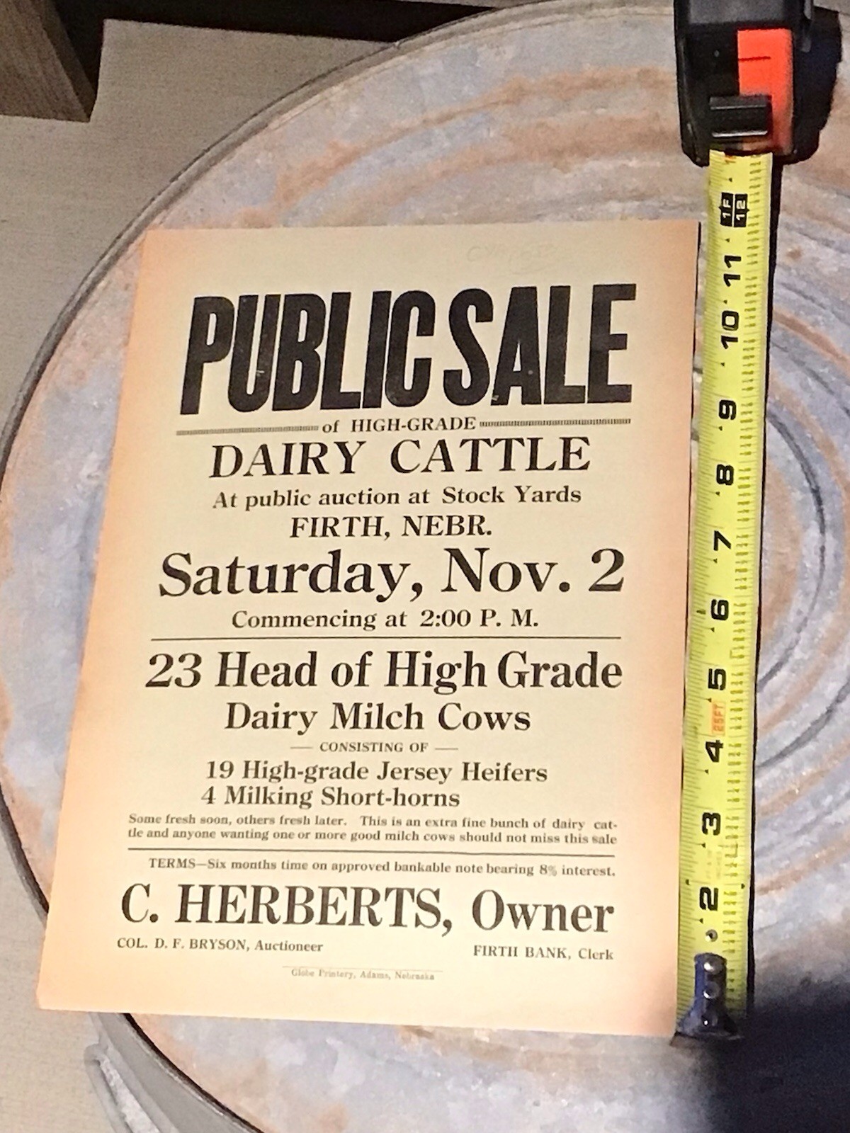 Public Sale Poster Sign – Dairy Cattle Firth Nebraska Advertising C Herberts