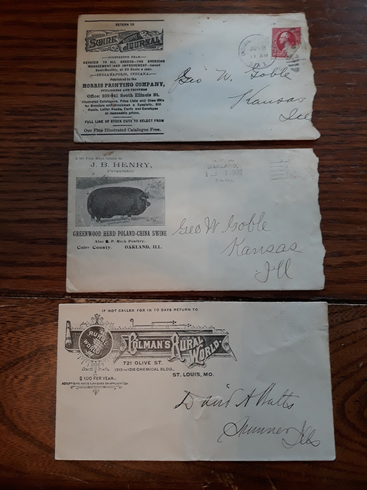 3 vintage 1900 era ENVELOPES-poland china swine-swine journal-rural world