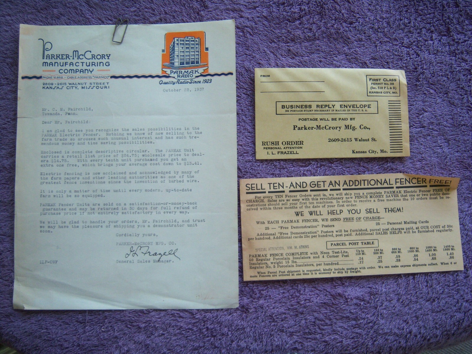 PARKER-McCRORY MANUFACTURING COMPANY ELECTRIC FENCING LETTERHEAD & ADVERTISEMENT