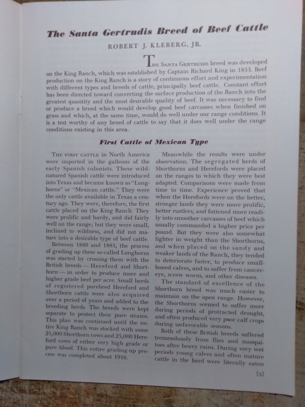 Brochure for Santa Gertrudis Beef Cattle Breed at the King Ranch Kingsville TX