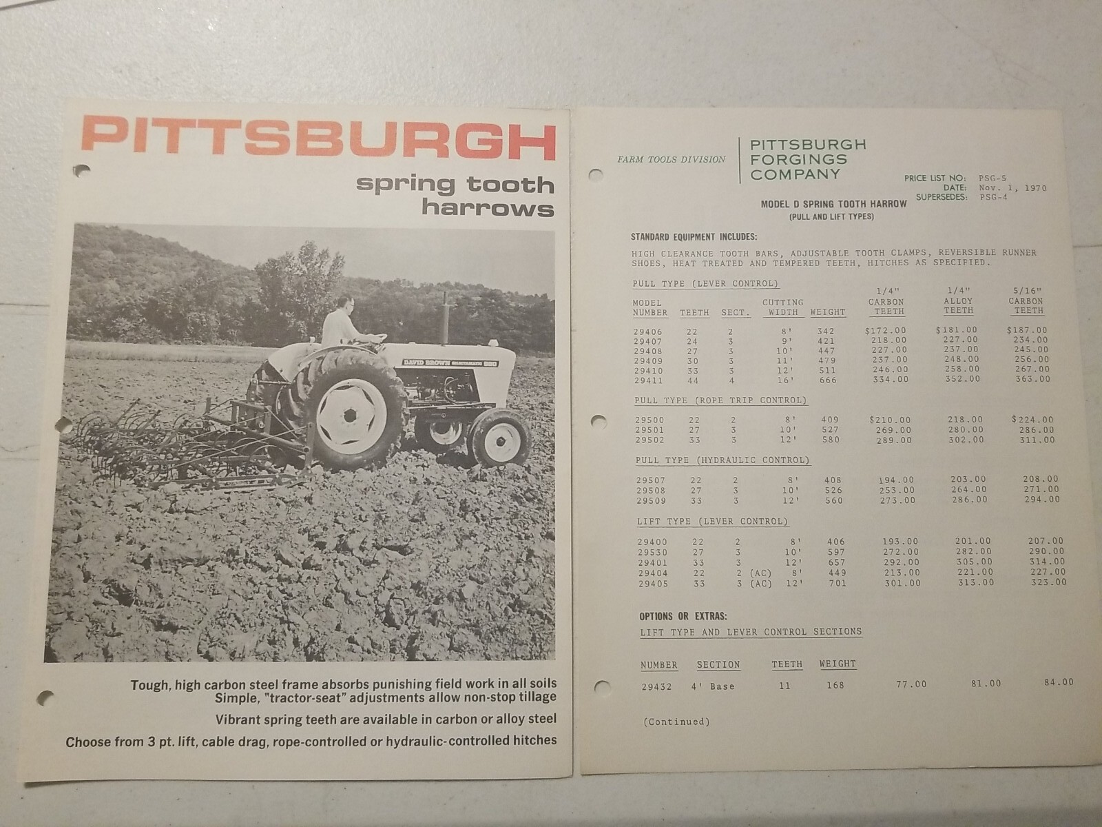 1970 PITTSBURGH FORGINGS CO. SPRING TOOTH HARROWS BROCHURE &PRICE LIST
