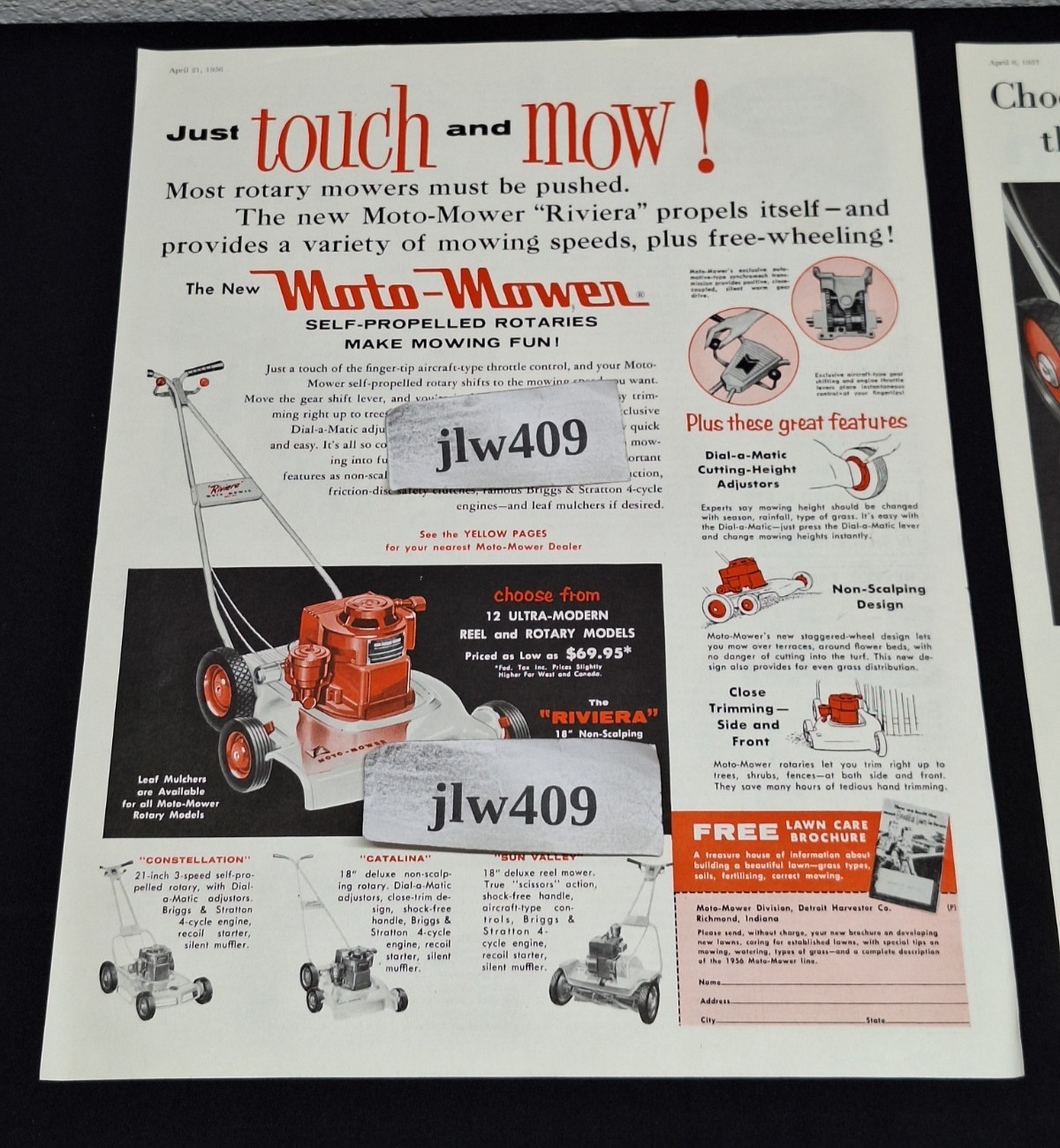 3 Vintage 1956 1957 1958 MOTO-MOWER LAWN MOWER Original Print Ads Magazine
