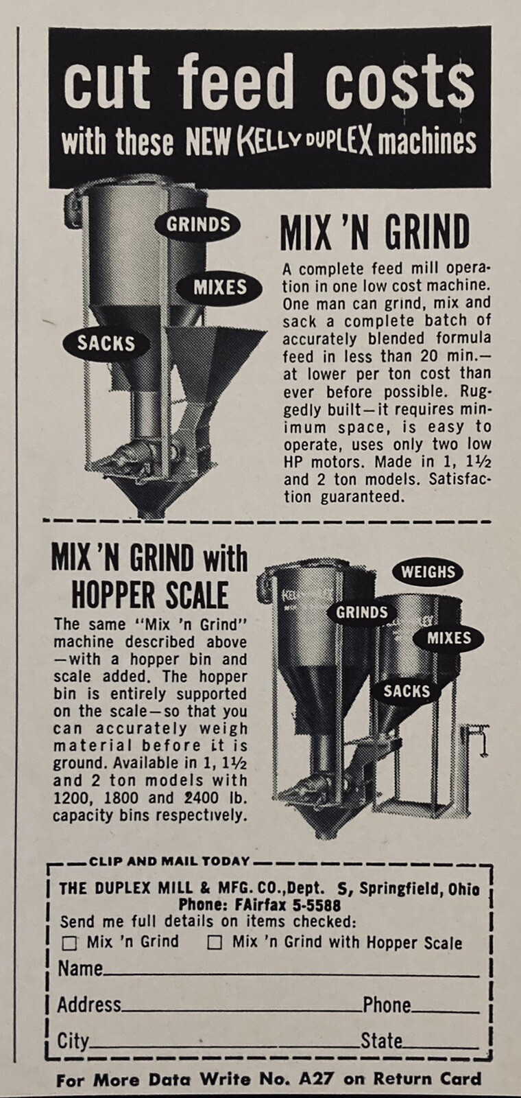1954 AD.(XH53)~DUPLEX MILL & MFG. CO. S. SPRINGFIELD, O. KELLY DUPLEX FEED MILL