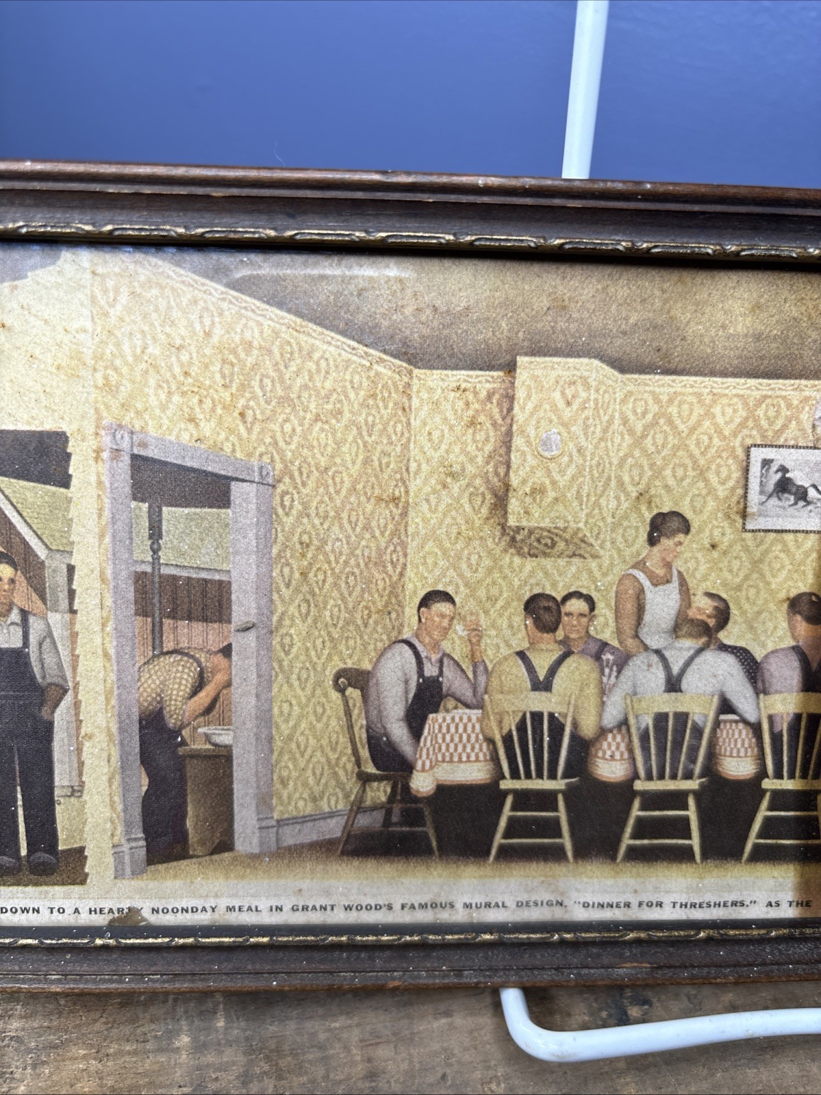 1930s Dinner For Threshers Farming Homestead Print Sign Grant Wood Glass Framed