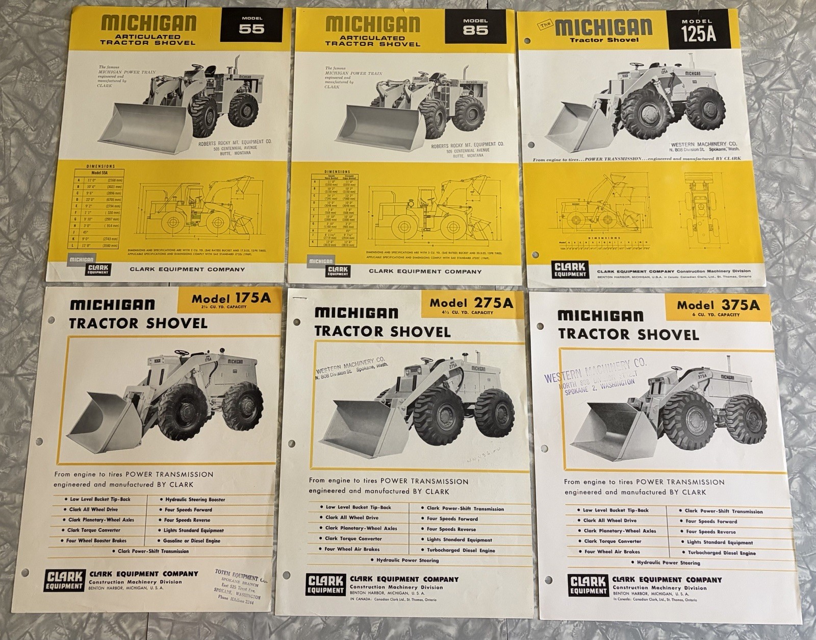 6 1955-1971 MICHIGAN TRACTOR SHOVEL SALES BROCHURES 55 85 125A 175A 275A 375A