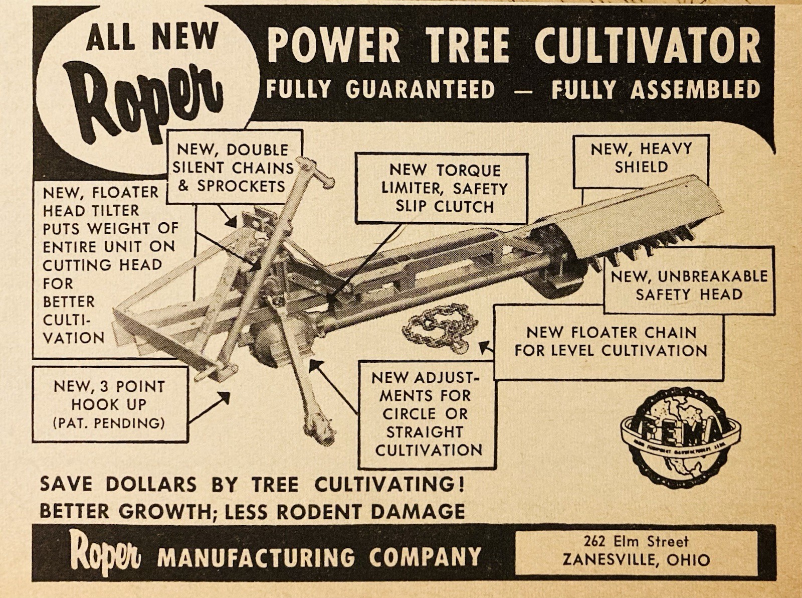 1958 AD.(PC6)~ROPER MFG. CO. ZANESVILLE, OHIO. ROPER POWER TREE CULTIVATOR