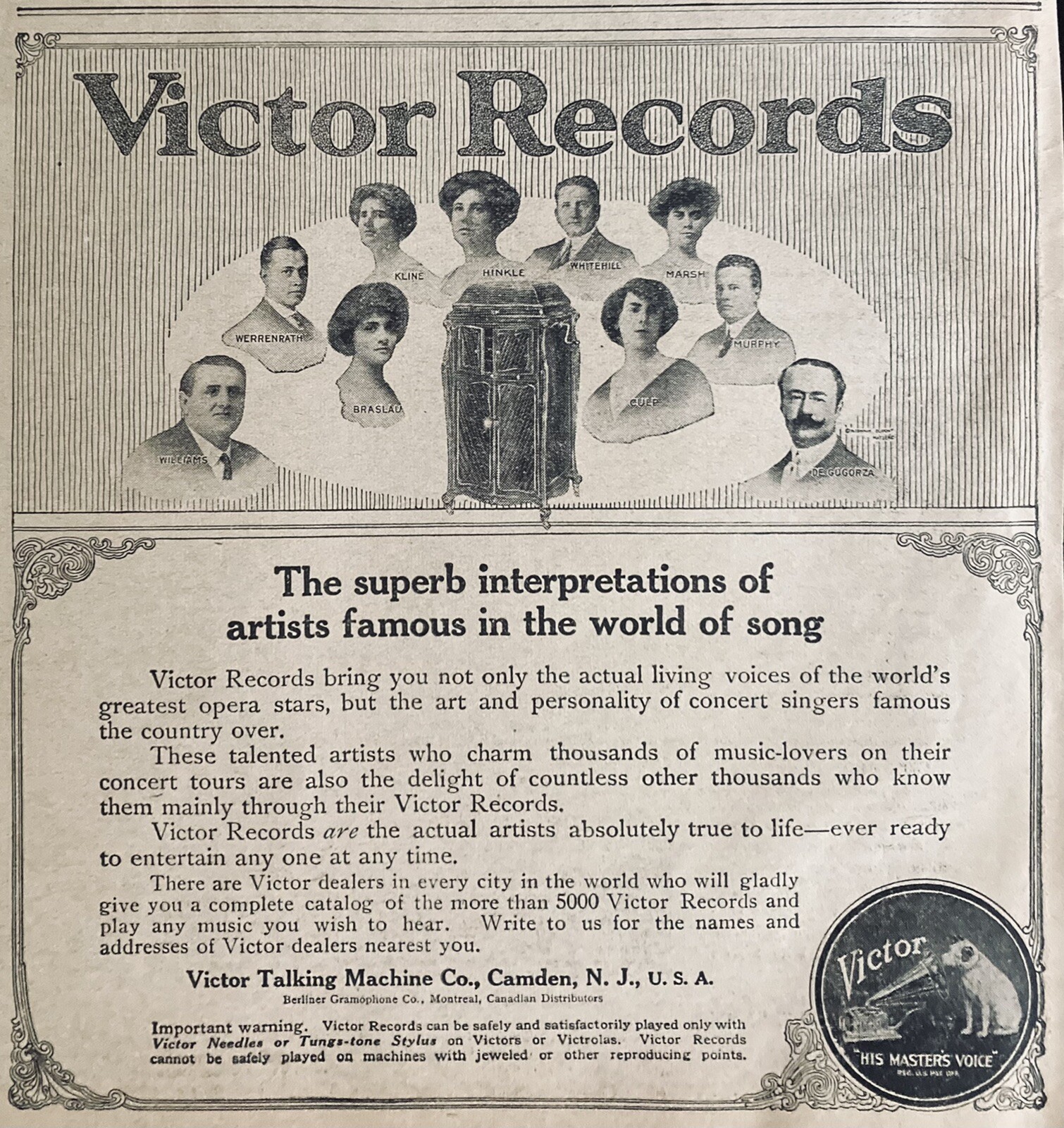 1916 AD.(XH41)~VICTOR TALKING MACHINE CO. CAMDEN, NJ. VICTOR VICTROLA RECORDS