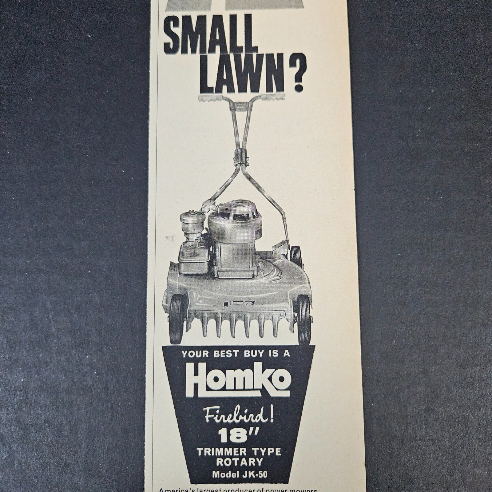 1957 Homko Firebird Trimmer Rotary Model JK-50 Mower Vintage Print Ad Des Moines