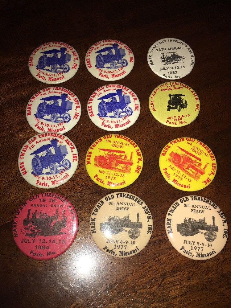Lot 12 70s-80s Paris MO Mark Twain Old Threshers Assn Festival Souvenir Pinbacks