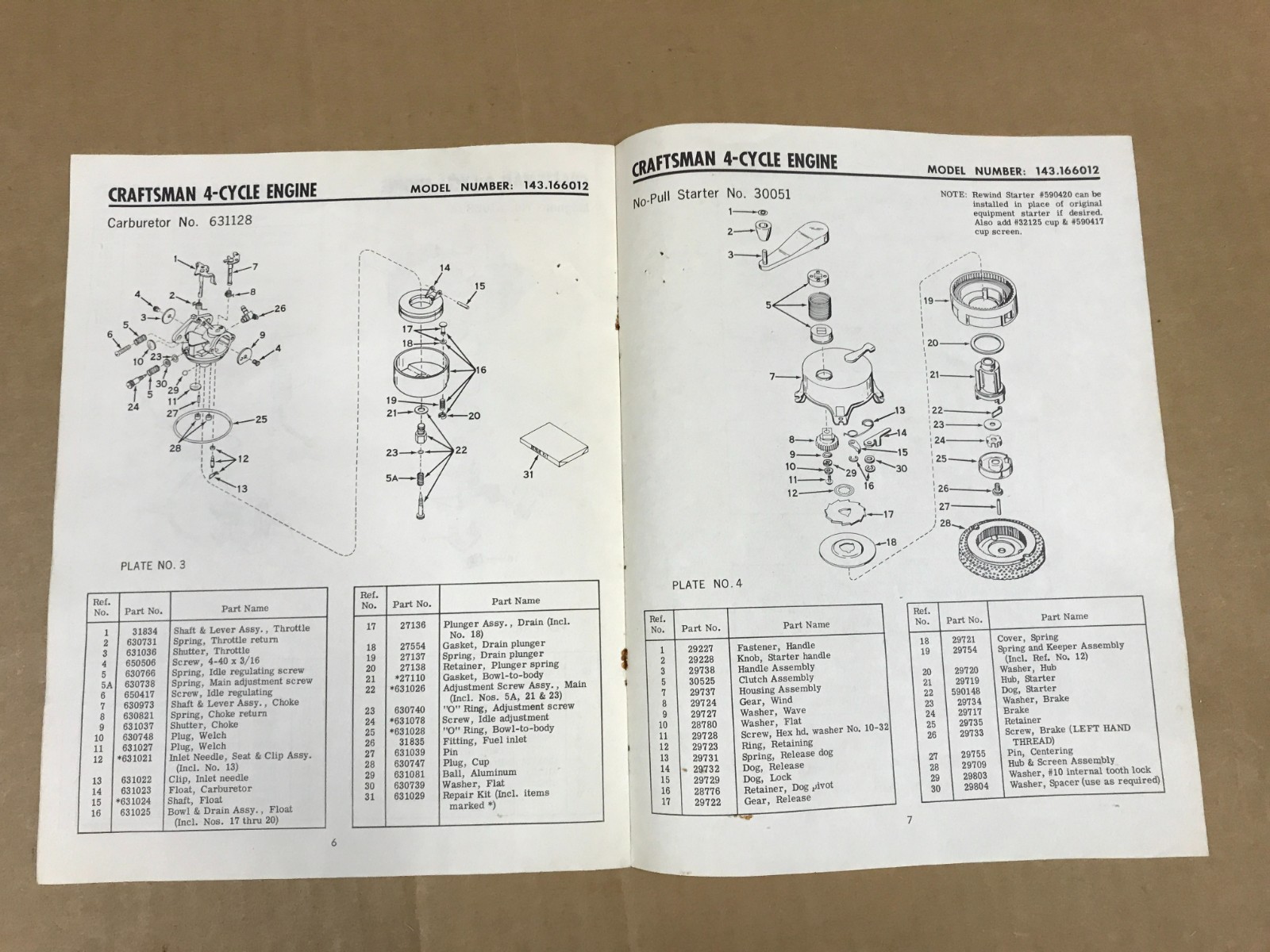 Vintage Sears Craftsman Engine Owner&rsquo;s Manual – Model 143.166012, Form 691298