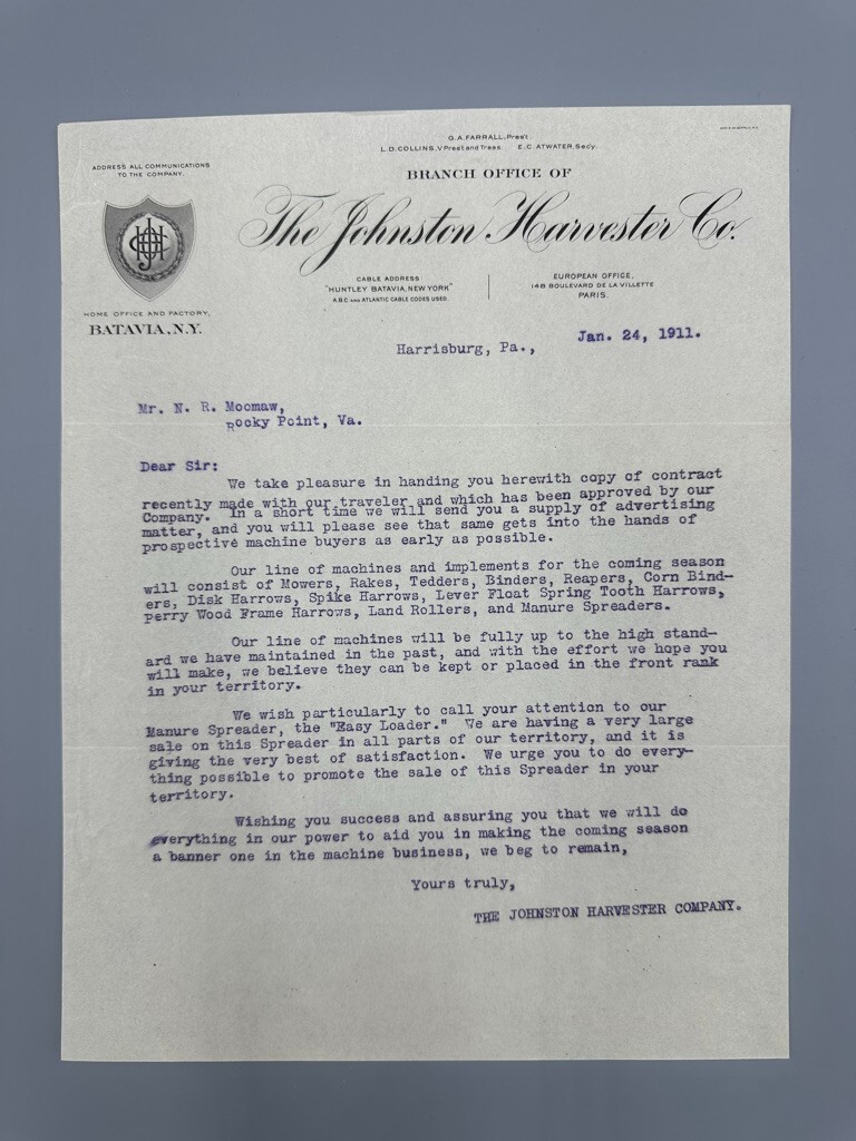 1911 JOHNSTON HARVESTER Contract Letter FARM Advertising BATAVIA NY Antique