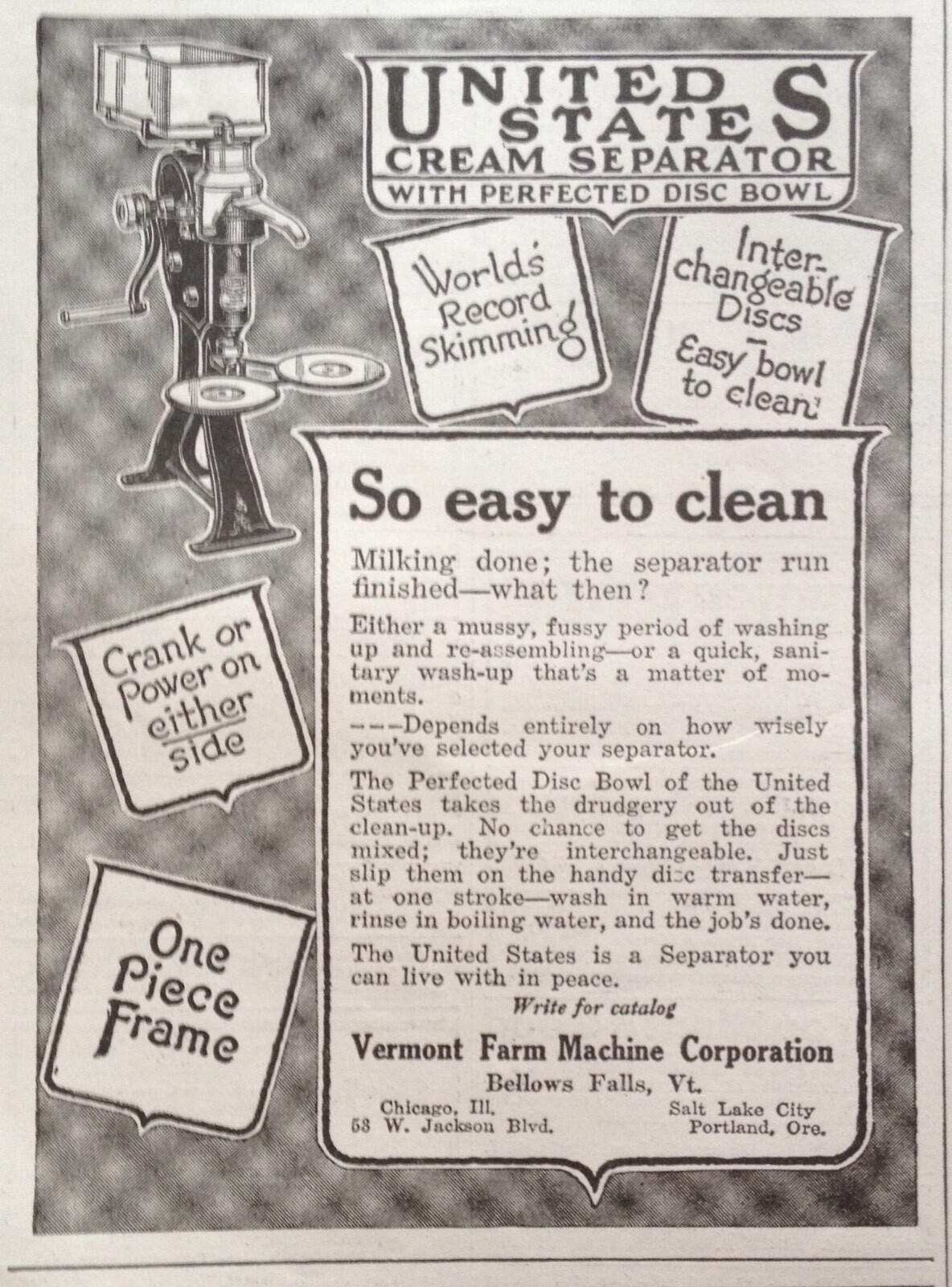 1920 AD(XF2)~VERMONT FARM MACHINE CO. BELLOWS FALLS, VT. U.S. CREAM SEPARATORS