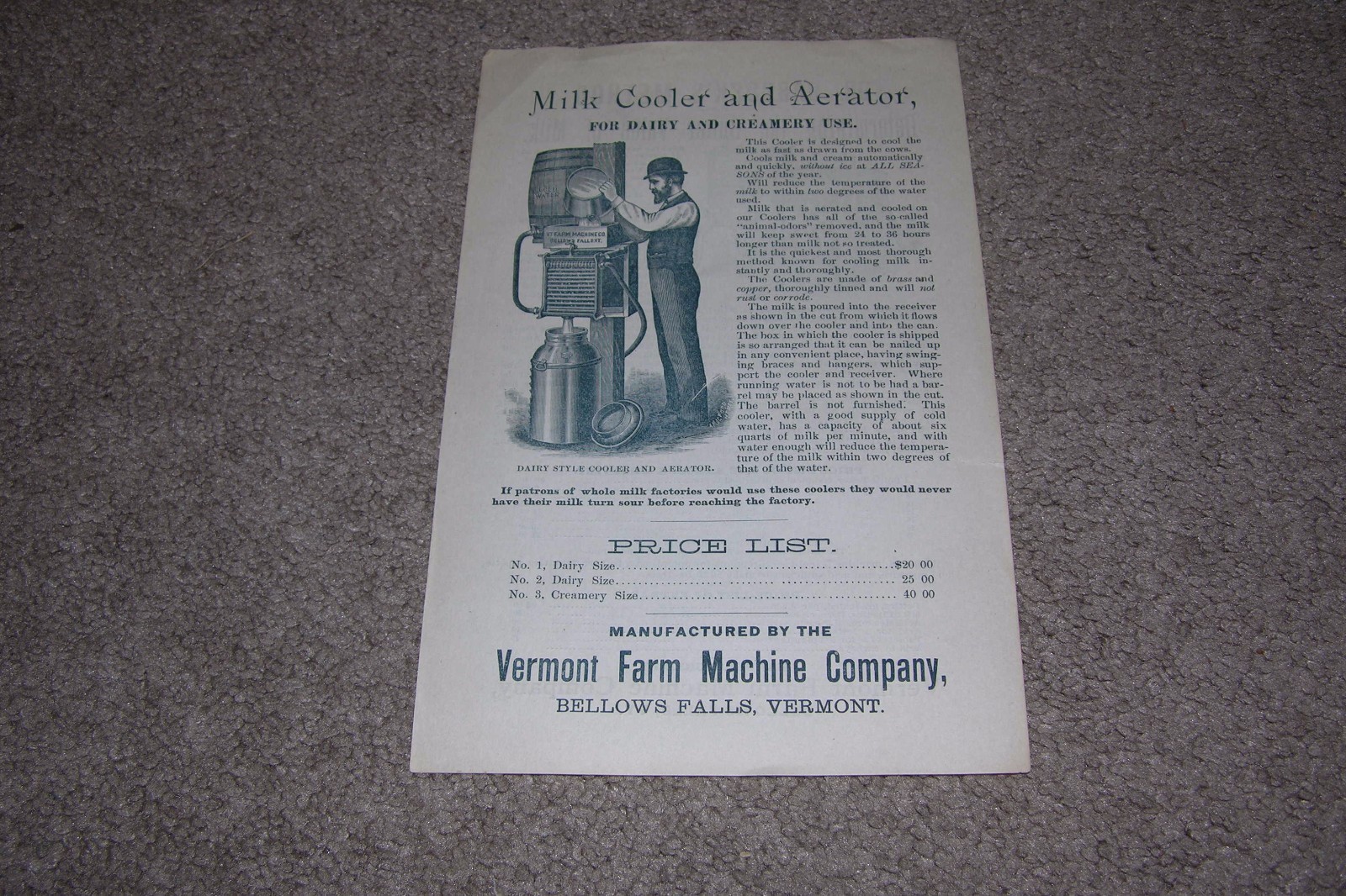 Bellows Farm Machine Company Vermont/VT Milk Cooler Flyer/Price List