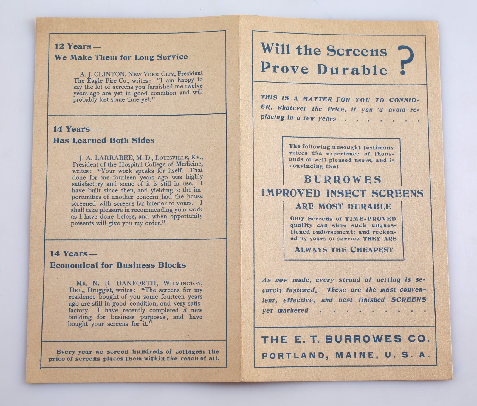 Vintage E.T. Burrowes Fly Screen Co. Pamphlet & Letterhead Portland Maine