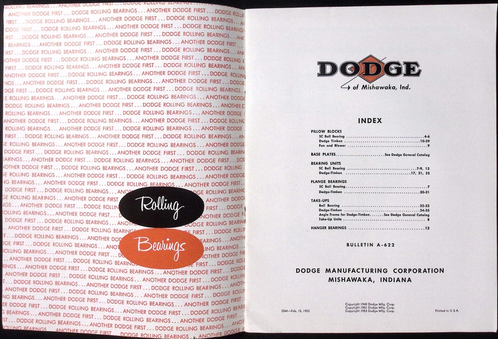 1953 Dodge of Mishawaka IN Rolling Bearings Bulletin A-622