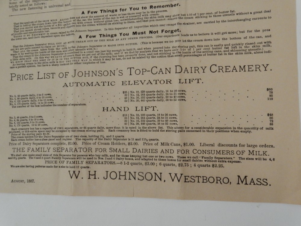 1887 JOHNSON&rsquo;s Top-Can DAIRY CREAMERY Cream Separator broadside WESTBORO MA milk