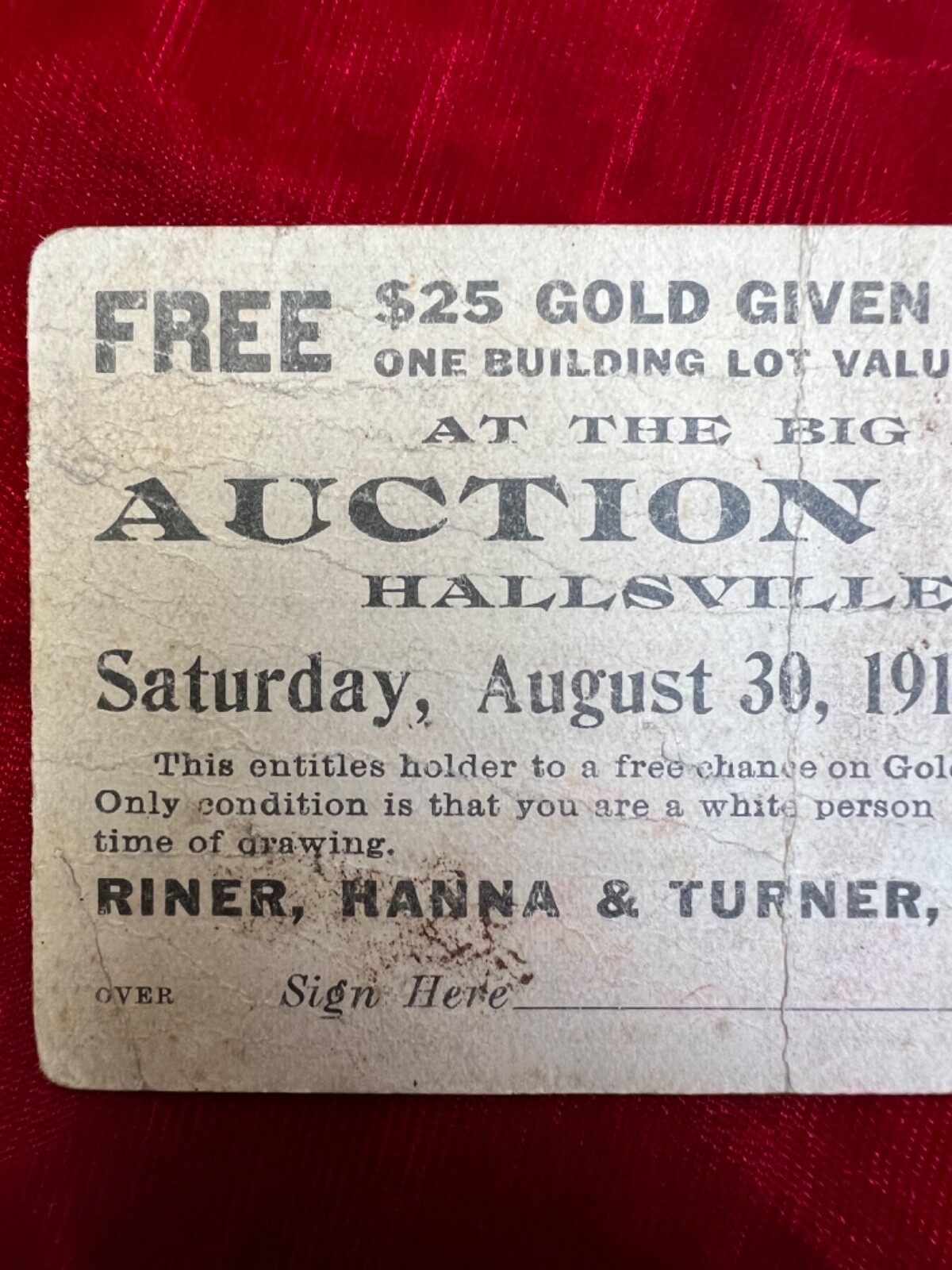 1919 August 30-Auction Advertising – Hallsville – Missouri Gold Giveaway Ticket