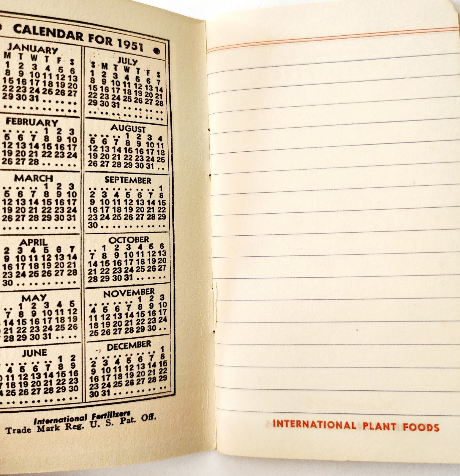 1951 International Fertilizer Memo Book With Calendar Notepad Booklet Mass E85F