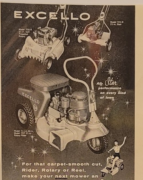 Excello Power Mower Riding Lawn Mower Vintage Print Ad 1958