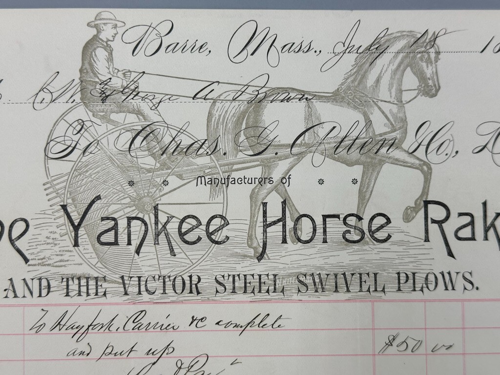 1892 YANKEE HORSE RAKE Massachusetts BARRE Illustrated Antique FARM ADVERTISING