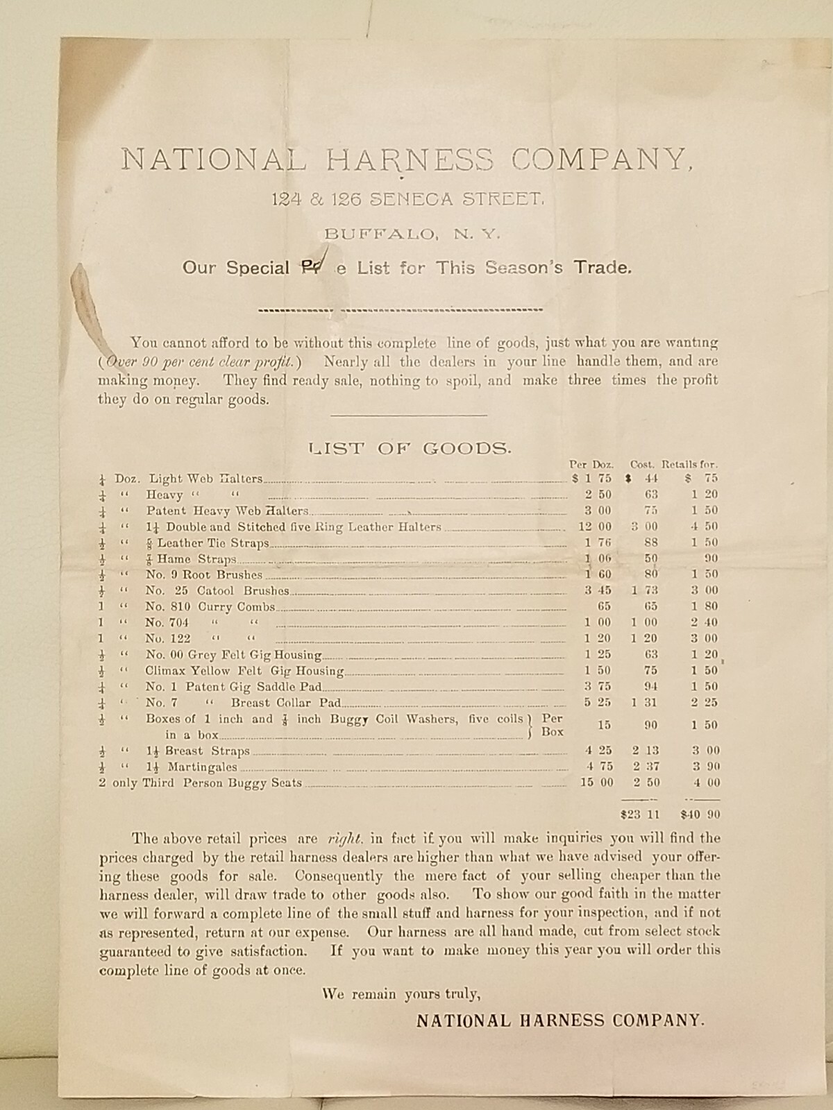 Antique National Harness Company Price List 1880s Buffalo, NY Horses Advertising