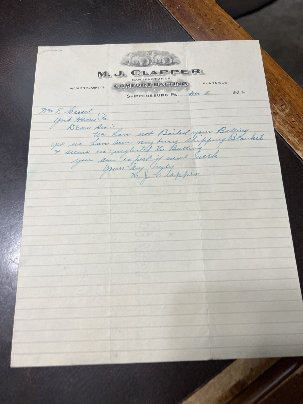 Vtg 1922 MJ Clapper Comfort Batting Letterhead Wool Sheep Blankets Shippensburg