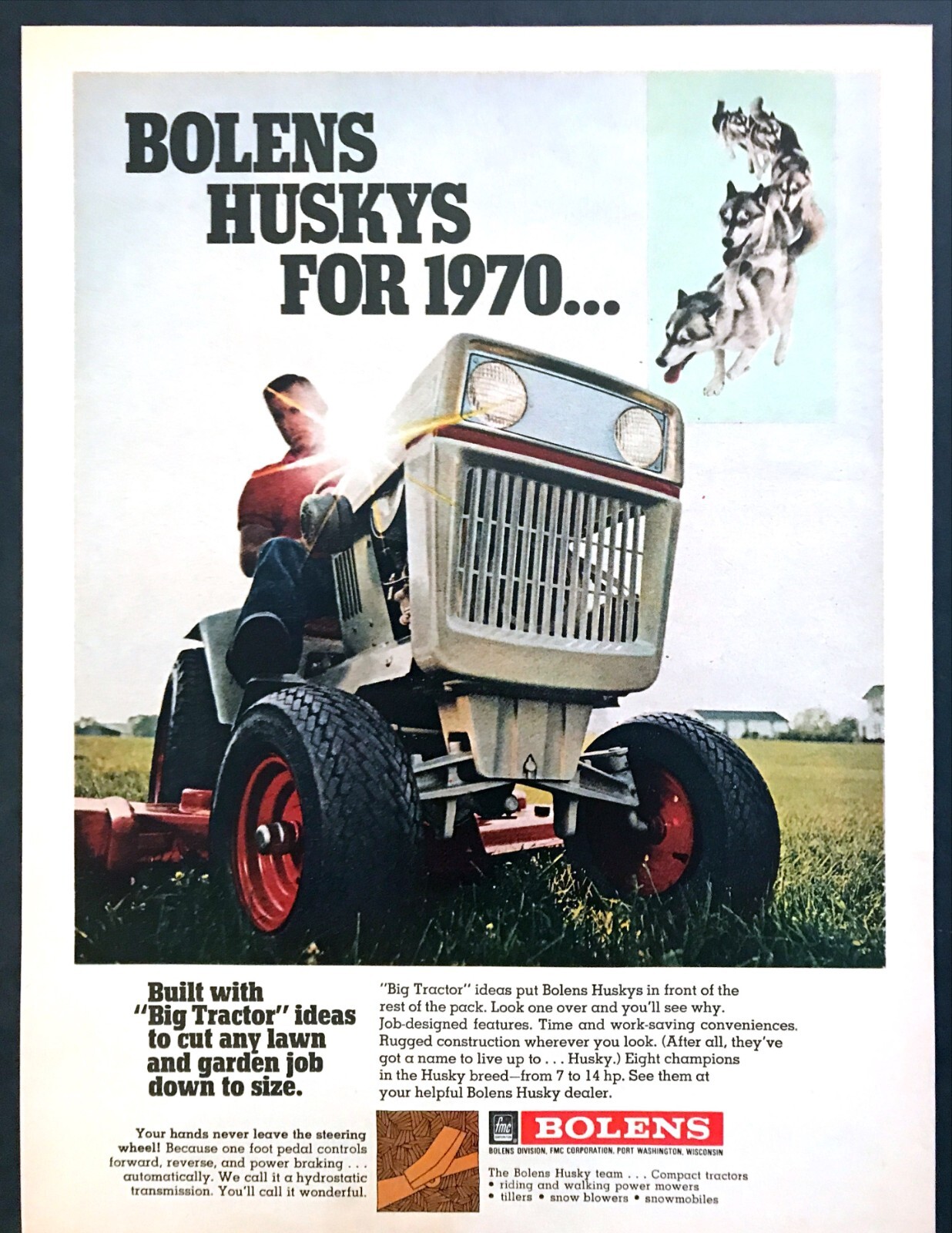 1970 Bolens Husky Big Garden Tractor photo « Cuts Lawns Down to Size » print ad