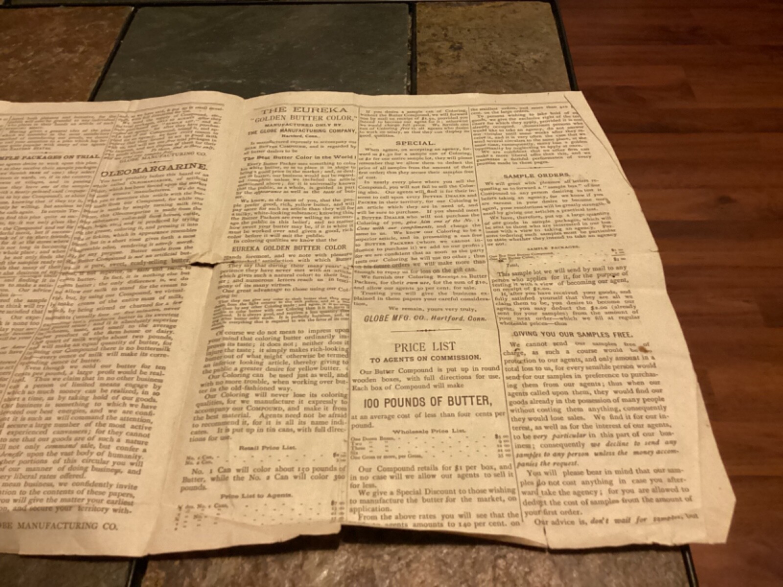 1800s Globe Manufacturing Co, Hartford, « Star Butter Compound » Flyer / Pricelist