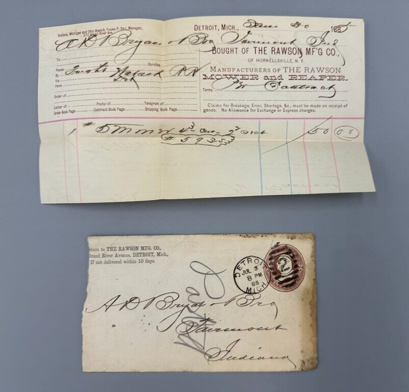 1885 Rawson Mower Fancy CANCEL 2 in OVAL Farm Postal Cover DETROIT Advertising
