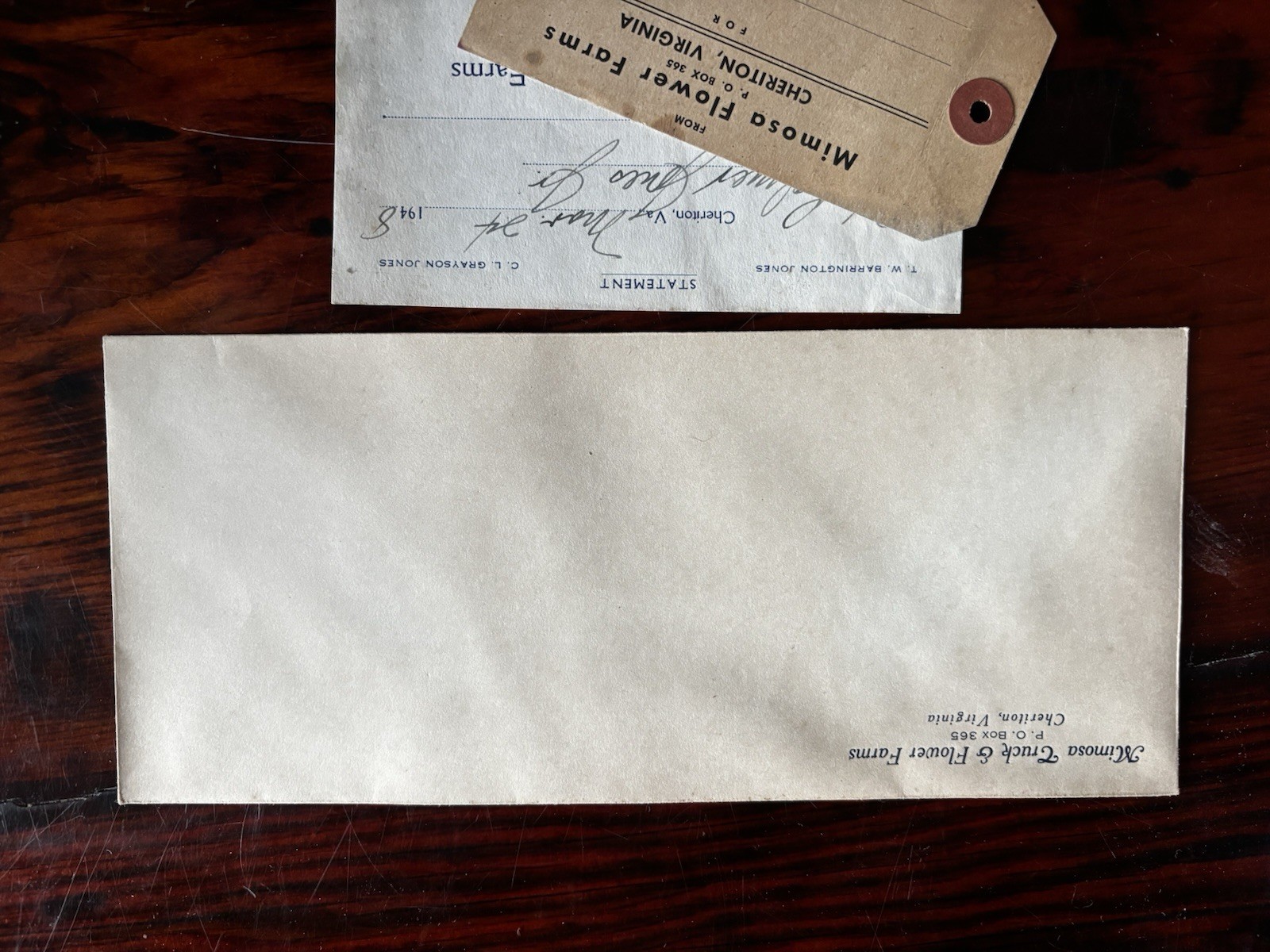 1948 Mimosa Truck & Flower Farms Cheriton VA ESVA Shipping Tag Invoice Envelope