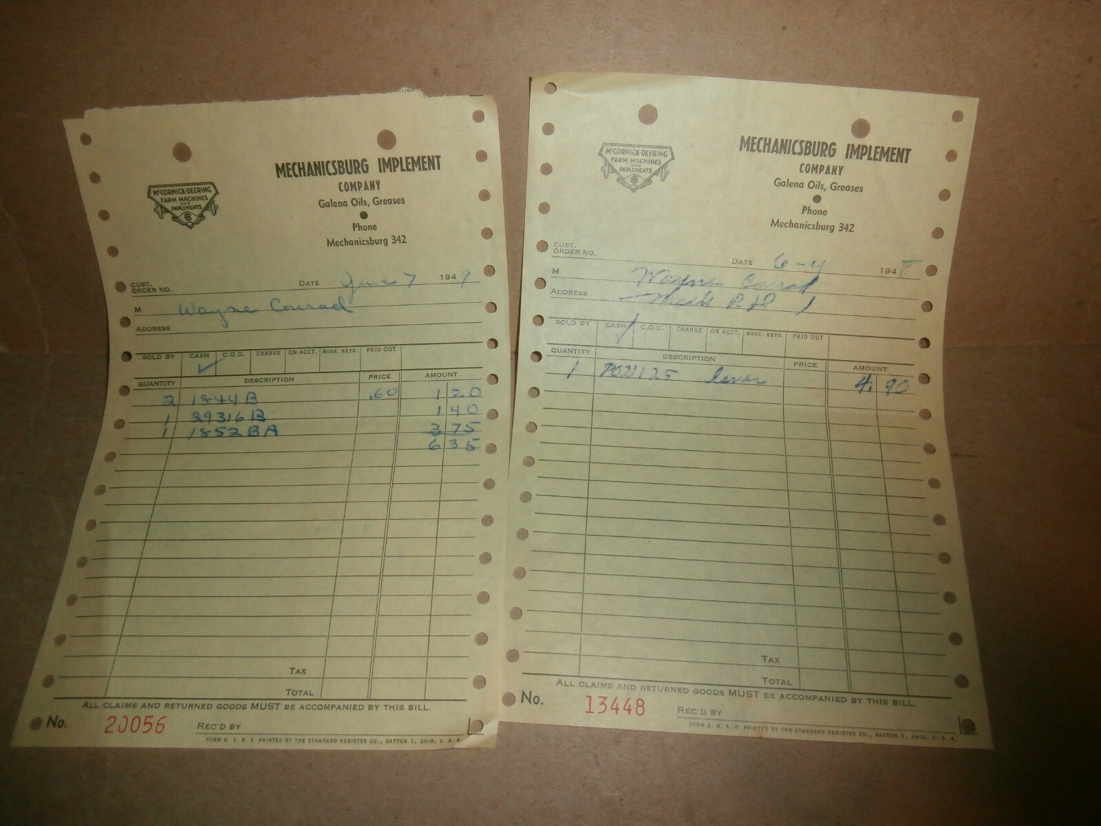 2 Vintage 1948 Mechanicsburg PA Implement Co Billhead Receipt McCormick Deering