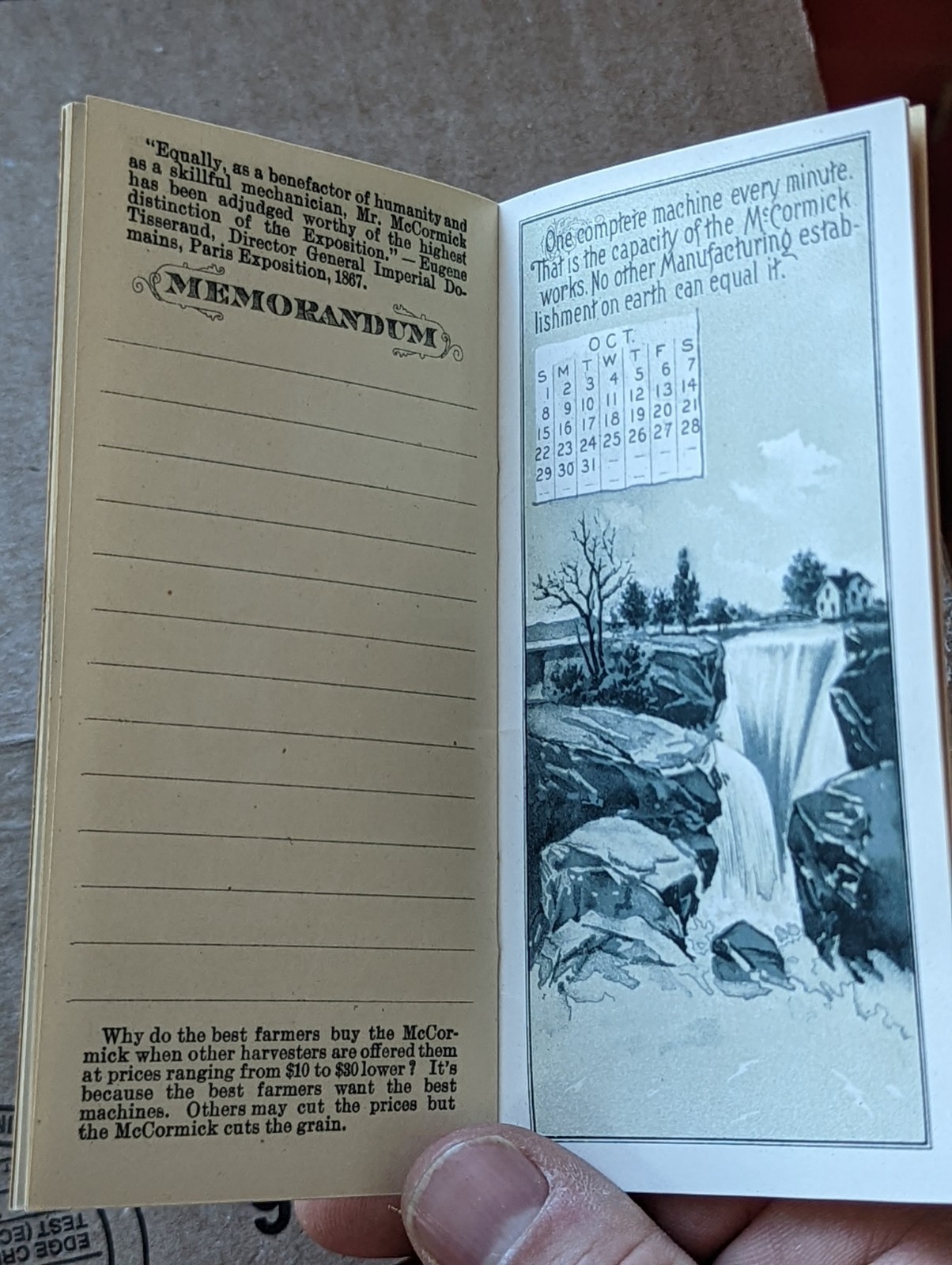 1898 Pocket Calendar Memorandum Advertising Book McCormick Harvesting Machine