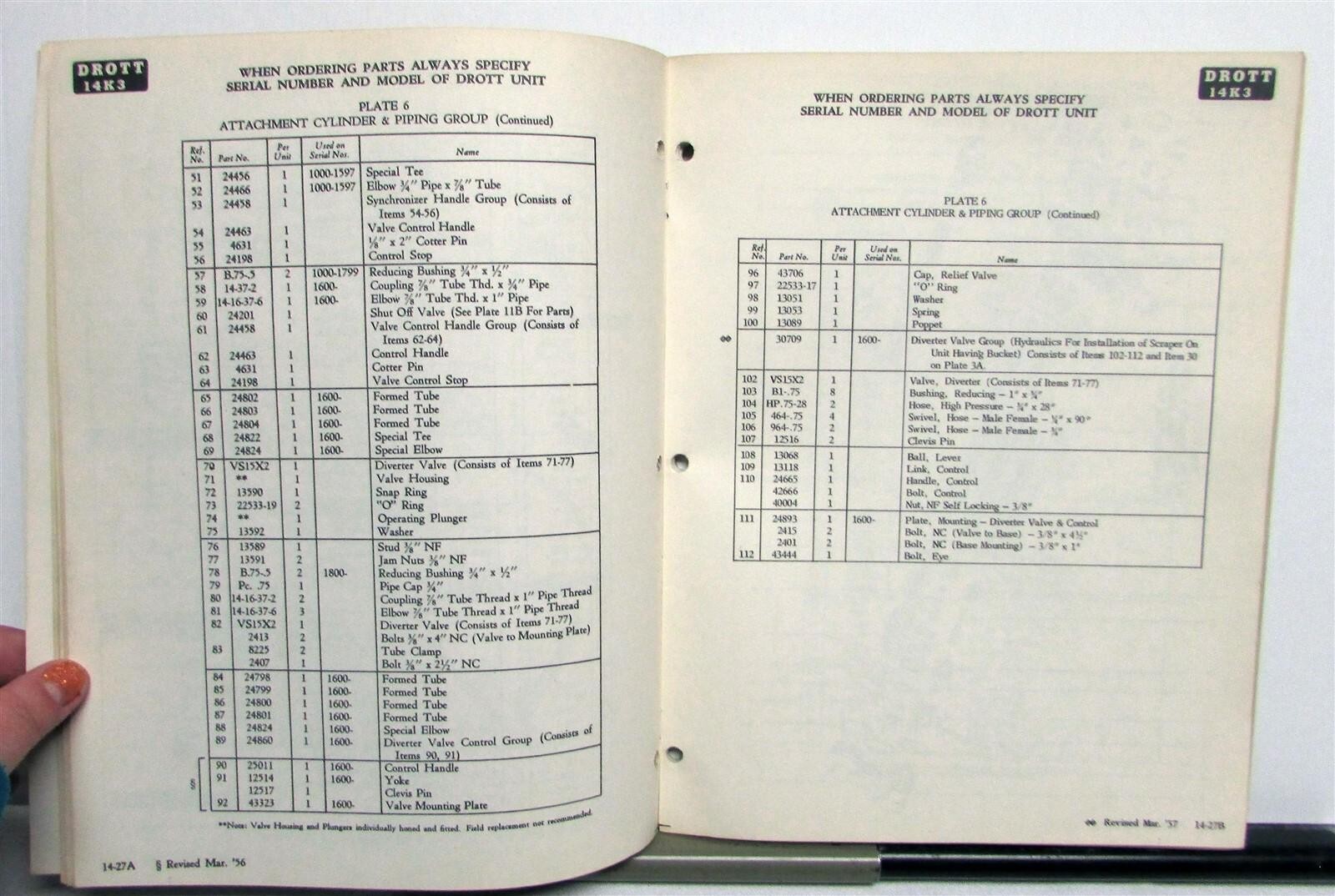 1957 Drott 14K3 Skid Shovel Parts Numbers Specification Construction Manual