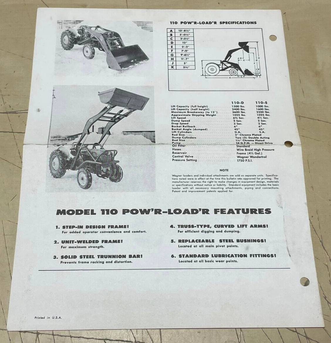 Vtg Wagner Iron Works Power Loader Tractors Model 110-D 110-S 1-Page Print Ad