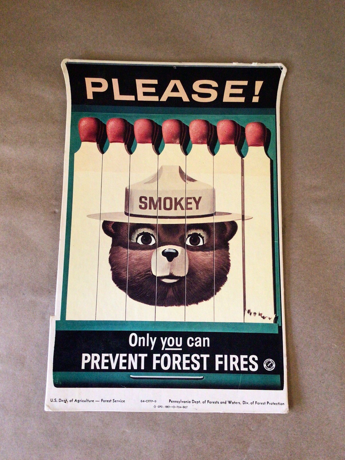 SMOKEY THE BEAR ORIGINAL 1963 MATCHBOOK STAND UP CARDBOARD COUNTER DISPLAY SIGN