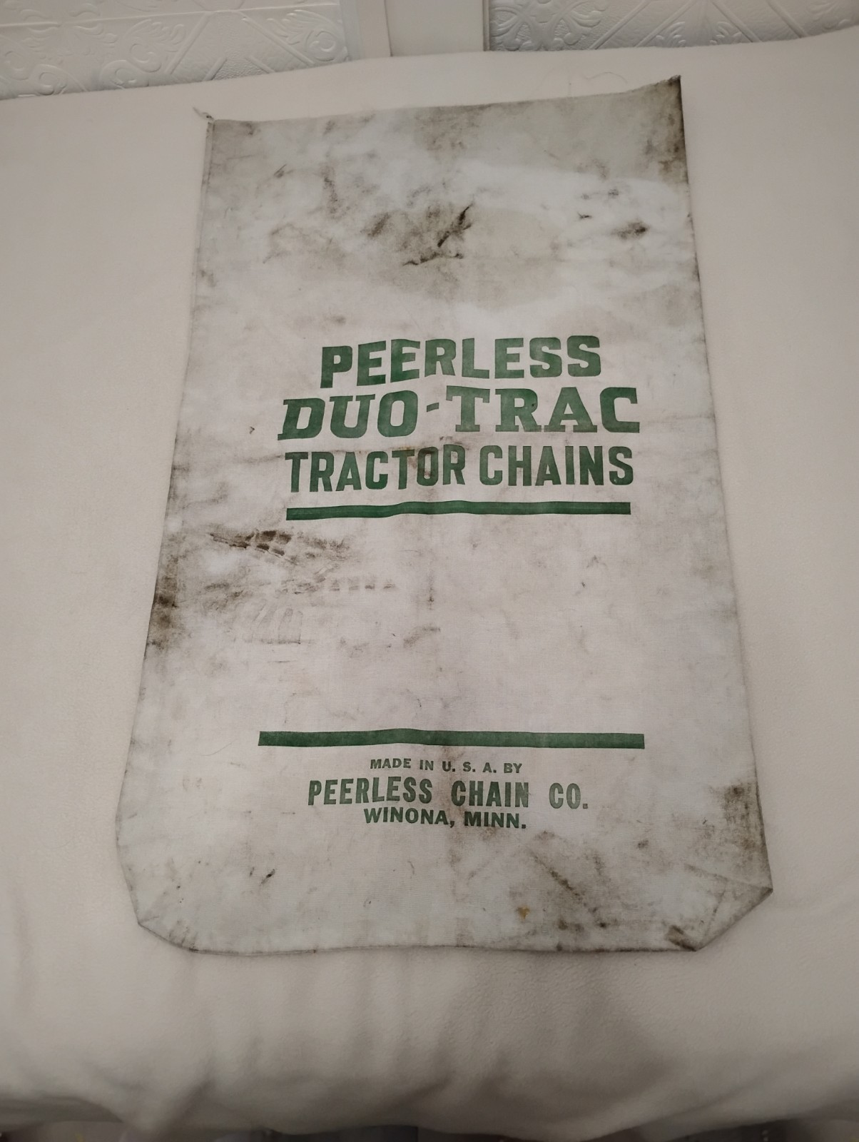 Vintage Peerless DUO TRAC Tractor Chains Cloth Bag Winona Minnesota 32&Prime;x19&Prime;