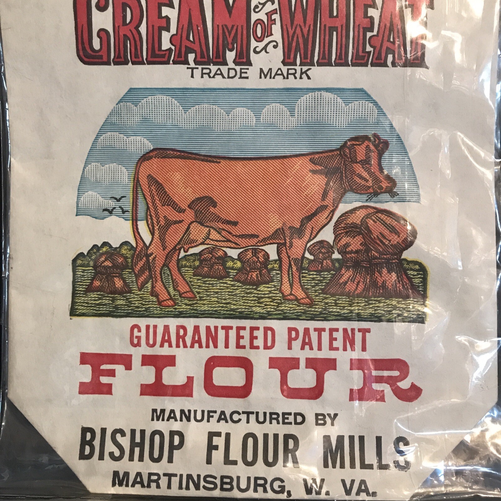 VINTAGE BISHOP FLOUR MILLS CREAM OF WHEAT FLOUR PAPER BAG-UNUSED-MARTINSBURG, WV