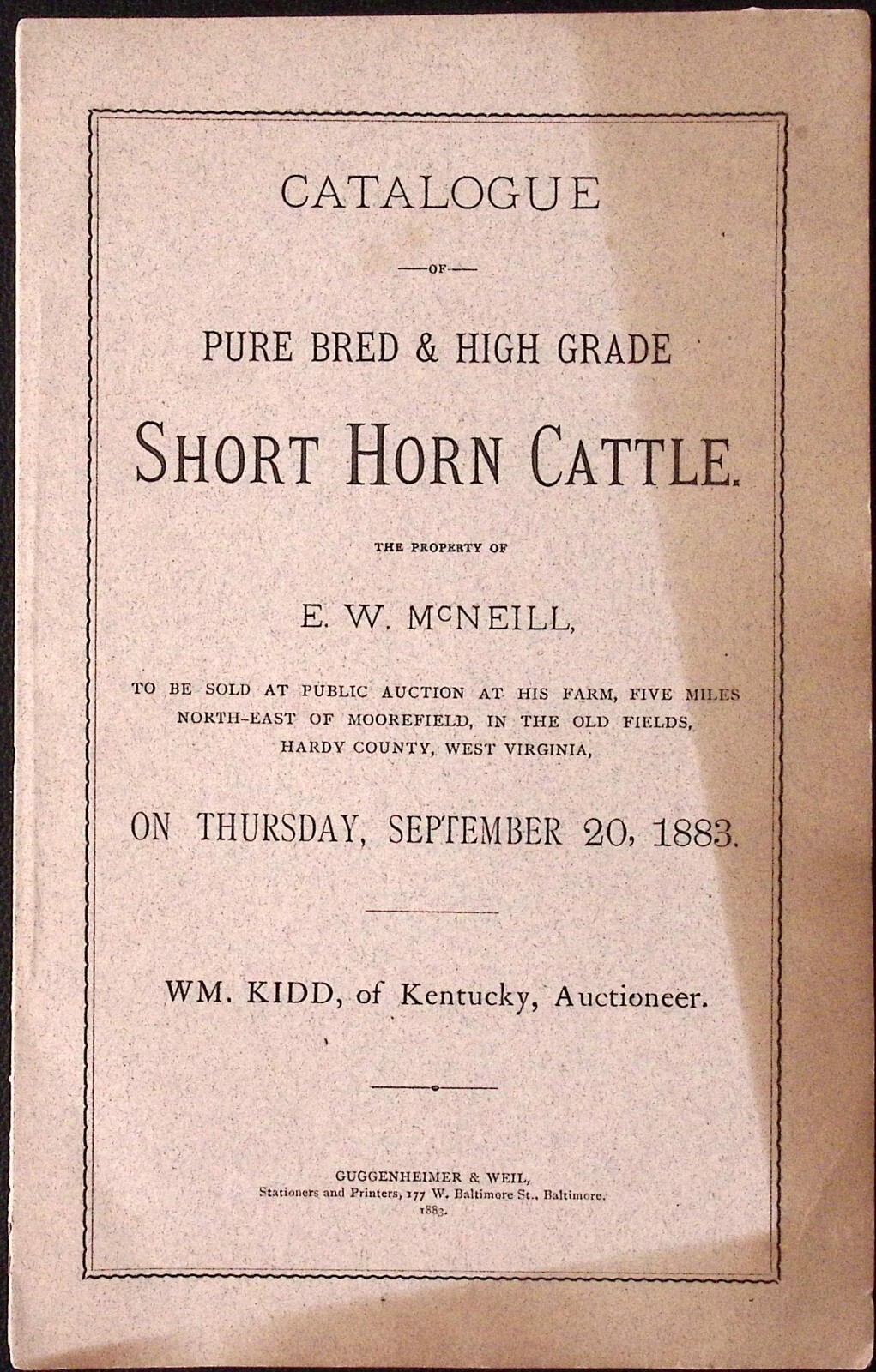 1883 Pure Bred High Grade Short Horn Cattle E W Mc Neill AUCTION CATALOGUE