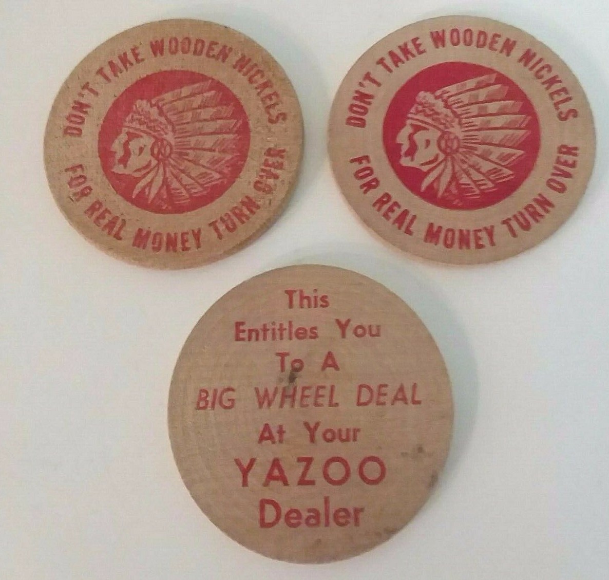 Lot of 3 Yazoo Mower Advertising Indian Wooden Nickel Big Wheel Deal Token Coins