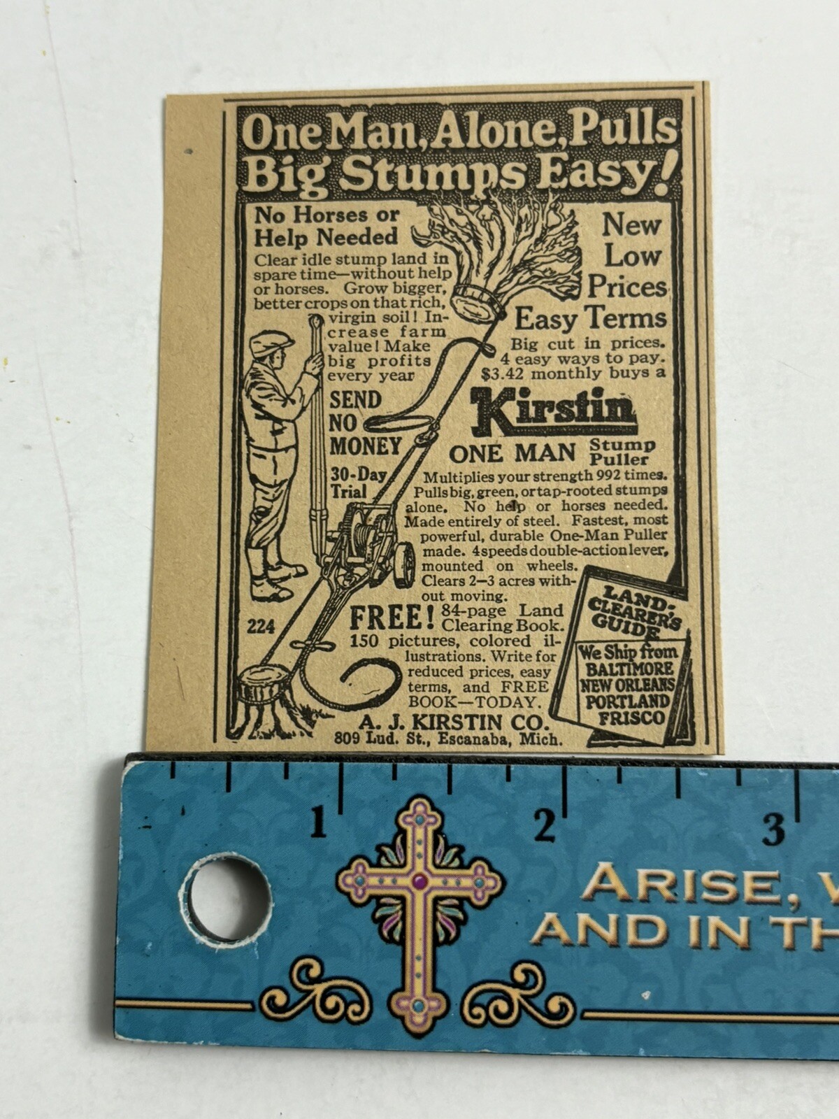 1924 Kristin Stump Puller A J Kirstin Company Escanaba Michigan Farm print Ad
