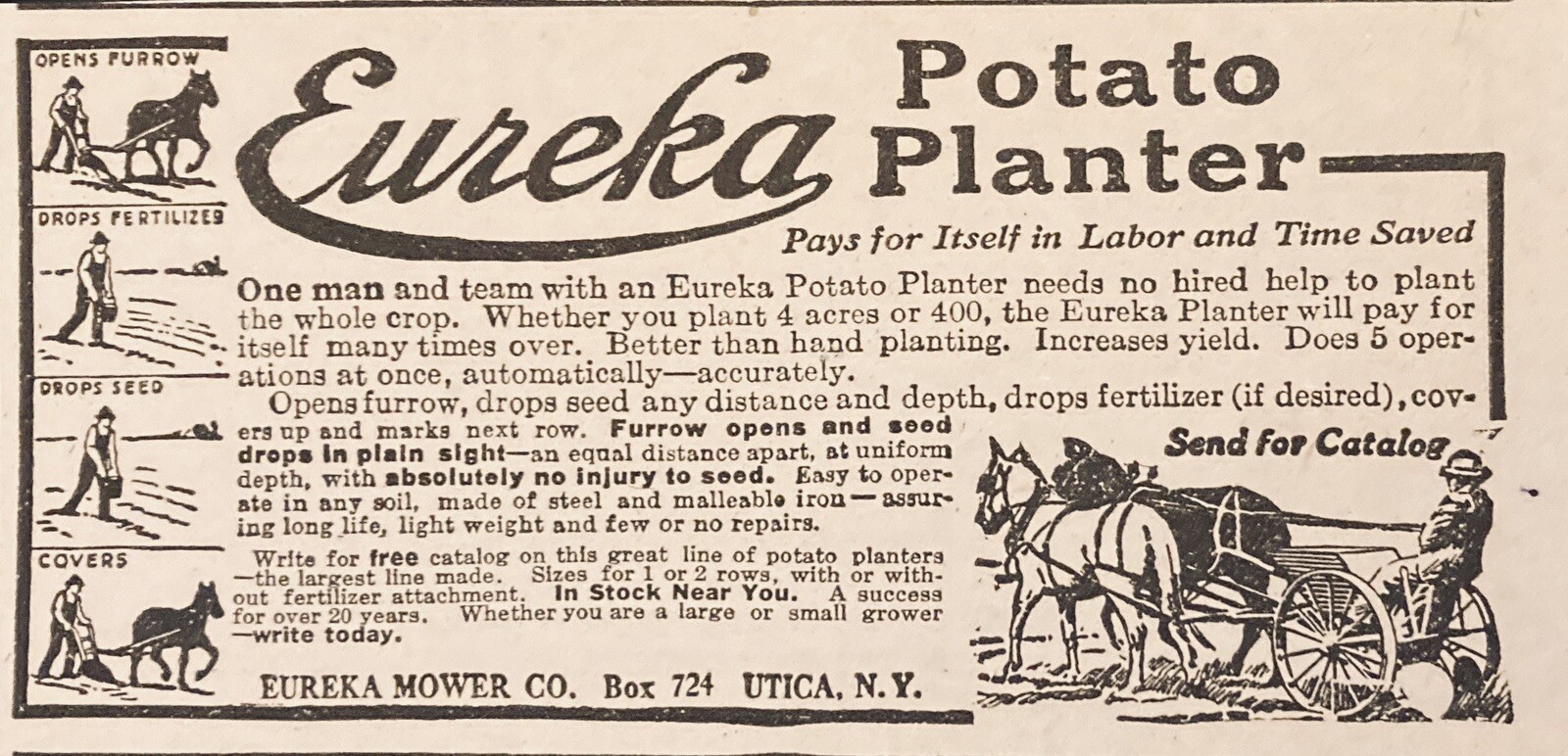 1919 AD.(XG3)~EUREKA MOWER CO. UTICA, NY. EUREKA POTATO PLANTER
